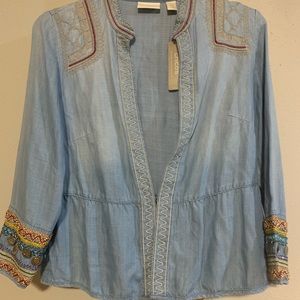 Chicos Sz 1 Medium Coin Embroidered Denim Chambray Jacket Boho